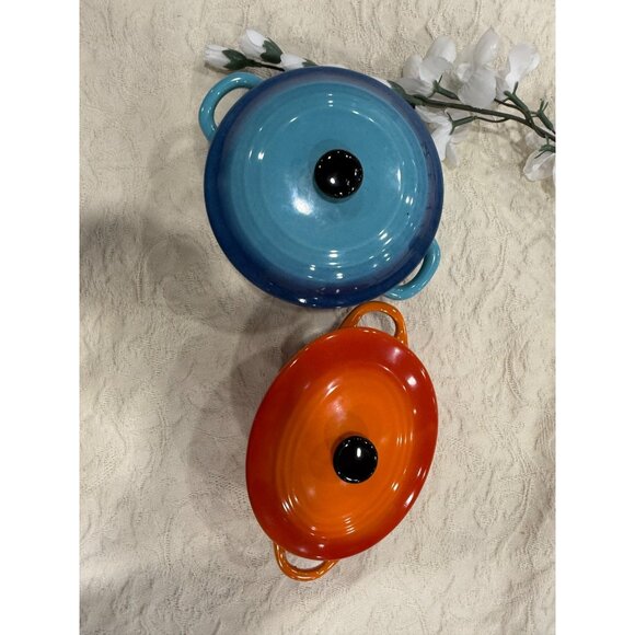 Miniature Blue & Orange Ceramic Casserole Dishes With Lids Butlers - Picture 7 of 14